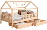 Ticaa Kinderbett Hausbett "Kay " 140x200 inkl. Schubk&auml;sten Kiefer natur...