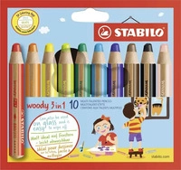STABILO Buntstift, Wasserfarbe & Wachsmalkreide - woody 3 in 1 - 10er Pack - mit 10