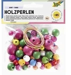 Folia Holzperlen BUNT RUND, 60g/>85 Teile & 2x Schn&uuml;re &agrave; 85cm