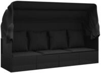 vidaXL Gartenliege, Outdoor-Loungebett mit Dach und Kissen Schwarz Poly Rattan