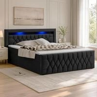 Juskys Polsterbett Leona, 180x200 cm, Boxspringbett-Optik, Samt-Bezug, LED-Licht, H4