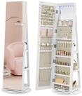 SONGMICS Schmuckschrank mit LED und Spiegel, 3 Ablagen, 360&deg; drehbar, wei&szlig;
