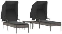 vidaXL Gartenliege Sonnenliegen 2 Stk. mit Dach und Tisch Grau Poly Rattan, 1...