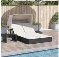 vidaXL Gartenliege, Doppel-Sonnenliege mit Dach und Auflagen Schwarz Poly Rattan