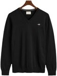 Gant Strick, Baumwolle, schwarz,Basic,Baumwolle,Logoprint,V-Ausschnitt,Lang,Regular