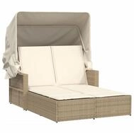 vidaXL Gartenliege Doppel-Sonnenliege mit Dach und Auflagen Beige Poly Rattan,...