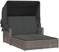 vidaXL Gartenliege Doppel-Sonnenliege mit Dach und Auflagen Grau Poly Rattan, 1...