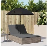 vidaXL Gartenliege, Doppel-Sonnenliege mit Kissen & Sonnenschirm Grau Poly...