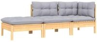 vidaXL Gartenlounge-Set, 3-tlg. Lounge Set mit Grauen Kissen Kiefer Massivholz