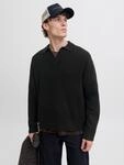 Strickpullover JACK & JONES "JCOCOVER KNIT SPLIT NECK POLO", Herren, Gr. L, schwarz,