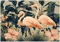 Wallarena Fototapete Fototapete Flamingo Bl&auml;tter Blumen Gr&uuml;n 350&times;250 cm 3D...