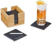 relaxdays Getr&auml;nkeuntersetzer Schiefer Untersetzer 8er Set Bambus-Box