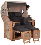 MR.DEKO Strandkorb 2-Sitzer D&uuml;ne Teak PE Shell Bullauge 125x80x170cm, BxTxH: