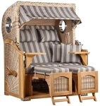 MR.DEKO Strandkorb 2-Sitzer D&uuml;ne Teak PE Shell Bullauge 125x80x170cm, BxTxH: