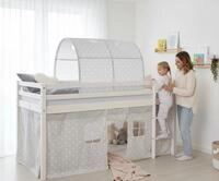 Homestyle4u Hochbett 90x200 cm Wei&szlig; mit Vorhang Sterne Grau f&uuml;r 1 Kind Holz...