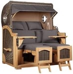 MR.DEKO Strandkorb 2,5 Sitzer D&uuml;ne Grande, wetterfest mit Bullauge Teak PE...
