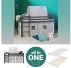 Homestyle4u Hochbett 90x200 cm Grau mit Vorhang Sterne f&uuml;r 1 Kind Kiefer Massiv