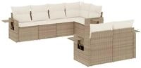 vidaXL Gartenlounge-Set 7-tlg. Garten-Sofagarnitur mit Kissen Beige Poly Rattan,