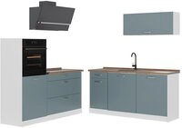 Vicco K&uuml;chenzeile R-Line, Blau-Grau/Wei&szlig;, 160 cm Arbeitsplatte Goldkraft Eiche