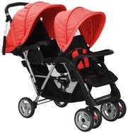 vidaXL Kombi-Kinderwagen, Tandem-Kinderwagen Stahl Rot und Schwarz