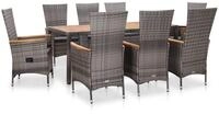 vidaXL Garten-Essgruppe 9-tlg. Garten-Essgruppe mit Auflagen Poly Rattan Grau,