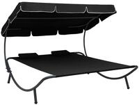 vidaXL Gartenliege Sonnenliege mit Sonnendach und Kissen Schwarz