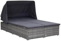vidaXL Gartenliege 2-Personen-Sonnenliege mit Auflage Poly Rattan Grau