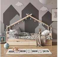 VitaliSpa&reg; Hausbett Design, Naturholz, 90x200 cm mit G&auml;stebett und Matratze...