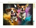 CALVENDO Puzzle Zwei Beagle springen in einer bunten Holi Pulver Farbwolke 1000...