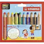 STABILO Buntstift, Wasserfarbe & Wachsmalkreide - woody 3 in 1 - 10er Pack mit