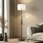 Lindby Stehlampe Aovan, schwarz, Ablage, USB-Anschluss