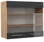 Vicco K&uuml;chenglasschrank, Schwarz Hochglanz, Honigeiche, Holzwerkstoff, 3...