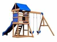 Spielturm, Blau, Braun, Holz, Zeder, 270x230x310 cm, Outdoor Spielzeug, Spielhäuser