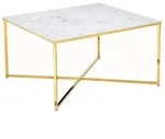 Livetastic Couchtisch, Wei&szlig;, Gold, Metall, Glas, Marmoroptik, quadratisch, Kufe,