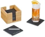 Relaxdays Schiefer Untersetzer 8er Set Bambus-Box Anthrazit,Wei&szlig;,Hellbraun