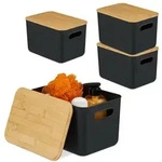 Relaxdays Aufbewahrungsbox mit Bambusdeckel im Set Hellbraun,Schwarz