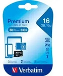 Verbatim microSDHC Card 16GB, Premium, Class 10, U1 (R) 80MB/s, (W) 10MB/s,