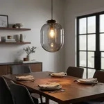 H&auml;ngelampe Pendellampe Esszimmerlampe Rauchglas Esstischleuchte schwarz H 140...