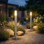 2x LED Au&szlig;enleuchte Stehlampe Gartenleuchte Steckdose Silber Edelstahl H 110 cm