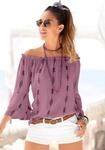Carmenbluse LASCANA, Damen, Gr. 34, lila (lila, bedruckt), Web, Obermaterial: 100%
