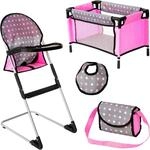 Puppenbett BAYER "Puppen-Reise-Set", pink (grau, rosa punkte), Puppenm&ouml;bel, Kinder,