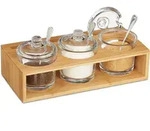 Gew&uuml;rzgl&auml;ser 3er Set, Mit Bambus Halter, Glas Zuckerdose Mit L&ouml;ffel & Deckel,