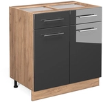K&uuml;chenunterschrank Fame-line, Anthrazit Hochglanz, 80 Cm Mit Schubladen, Ohne