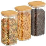 Relaxdays - Vorratsgl&auml;ser Mit Bambusdeckel, 3er Set, Eckige Vorratsdosen Aus Glas,