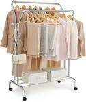 Portant &Agrave; V&ecirc;tements Avec Roulettes, Double Barre, Porte-manteau, En Acier, Charge