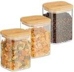 Relaxdays - Vorratsgl&auml;ser Mit Bambusdeckel, 3er Set, Eckige Vorratsdosen Aus Glas,