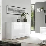 Buffet Basico - D&eacute;cor Blanc Laqu&eacute; Brillant - 3 Portes - L160 X P42 X H85,8 Cm