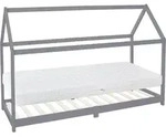 Kinderbett 90x200 Cm Hellgrau Mit Matratze H:16 Cm, Dach, Lattenrost, Kinderhaus Aus