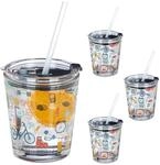 Glasbecher Mit Deckel & Strohhalm, 4er Set, Mit Sport-motiv, 350 Ml, Trinkgl&auml;ser
