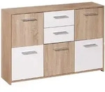 Sideboard Mit F&uuml;nf T&uuml;ren Und Zwei Schubladen Im Mittelteil, Farbe Wei&szlig; Und Eiche,